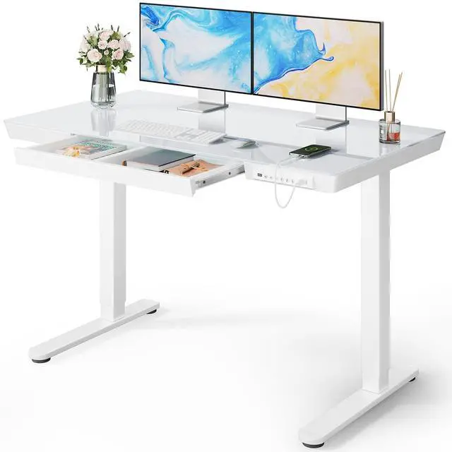 Main image of Glass Standing Desk with Drawer, 48 x 24 inch Electric Standing Desk, Height Adjustable Desk with One-Piece Tabletop & USB Charging Ports, Sit Stand Desk with Storage for Home & Office White