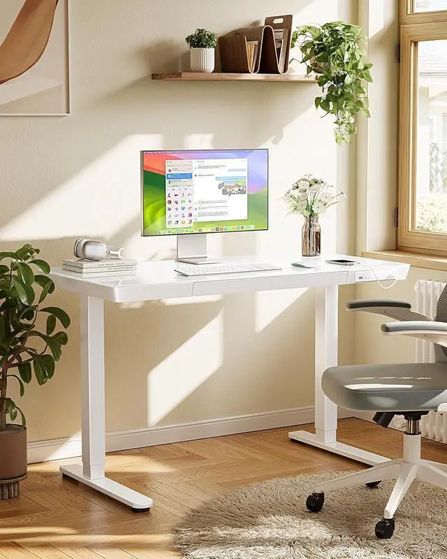 Alt view image 2 of 7 - Glass Standing Desk with Drawer, 48 x 24 inch Electric Standing Desk, Height Adjustable Desk with One-Piece Tabletop & USB Charging Ports, Sit Stand Desk with Storage for Home & Office White