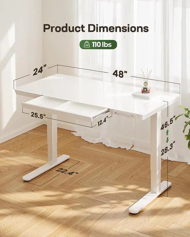 Alt view image 3 of 7 - Glass Standing Desk with Drawer, 48 x 24 inch Electric Standing Desk, Height Adjustable Desk with One-Piece Tabletop & USB Charging Ports, Sit Stand Desk with Storage for Home & Office White
