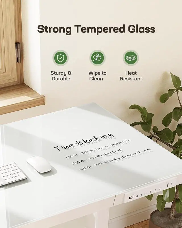Alt view image 4 of 7 - Glass Standing Desk with Drawer, 48 x 24 inch Electric Standing Desk, Height Adjustable Desk with One-Piece Tabletop & USB Charging Ports, Sit Stand Desk with Storage for Home & Office White
