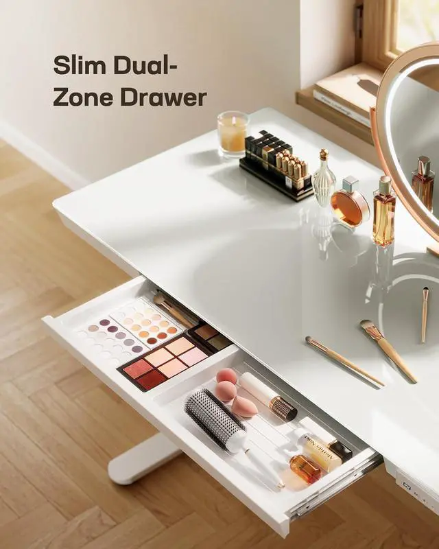 Alt view image 6 of 7 - Glass Standing Desk with Drawer, 48 x 24 inch Electric Standing Desk, Height Adjustable Desk with One-Piece Tabletop & USB Charging Ports, Sit Stand Desk with Storage for Home & Office White