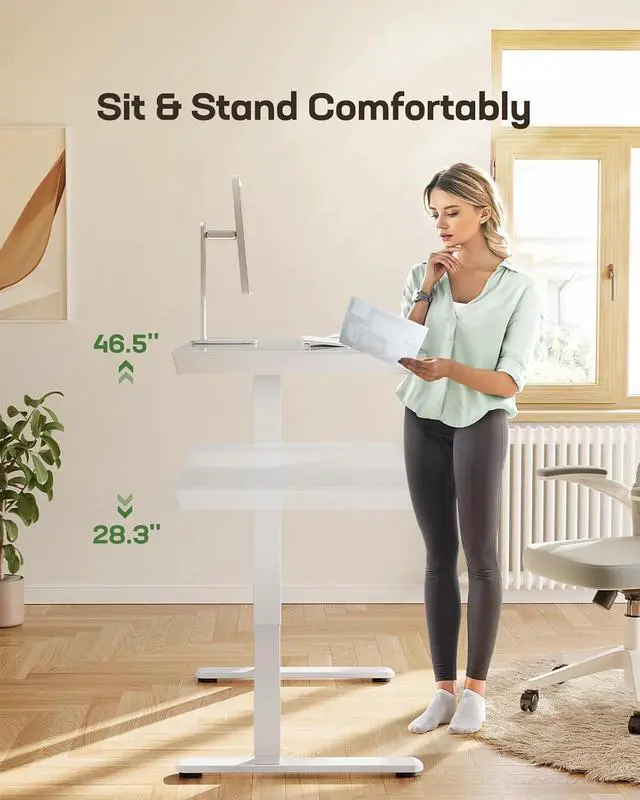 Alt view image 7 of 7 - Glass Standing Desk with Drawer, 48 x 24 inch Electric Standing Desk, Height Adjustable Desk with One-Piece Tabletop & USB Charging Ports, Sit Stand Desk with Storage for Home & Office White