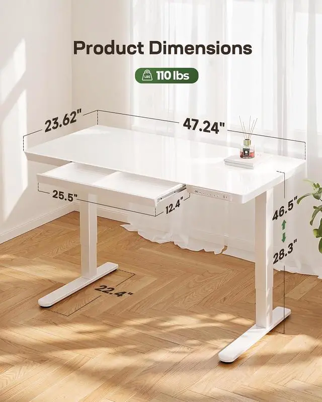 Alt view image 3 of 7 - Glass Standing Desk with Drawer, 47.24 inch Electric Standing Desk, Height Adjustable Desk with One-Piece Tabletop & USB Charging Ports, Sit Stand Desk with Storage for Home & Office White