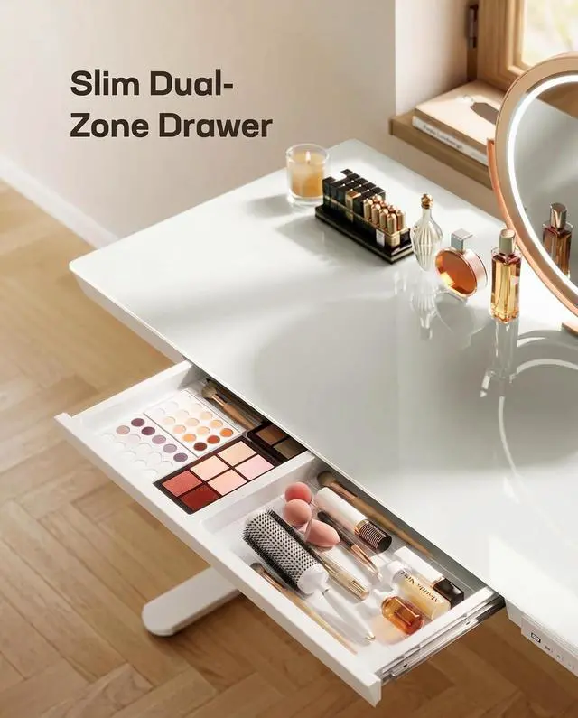 Alt view image 6 of 7 - Glass Standing Desk with Drawer, 47.24 inch Electric Standing Desk, Height Adjustable Desk with One-Piece Tabletop & USB Charging Ports, Sit Stand Desk with Storage for Home & Office White