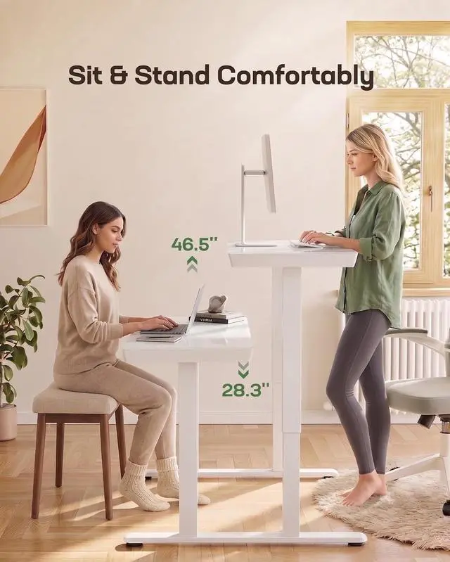 Alt view image 7 of 7 - Glass Standing Desk with Drawer, 47.24 inch Electric Standing Desk, Height Adjustable Desk with One-Piece Tabletop & USB Charging Ports, Sit Stand Desk with Storage for Home & Office White