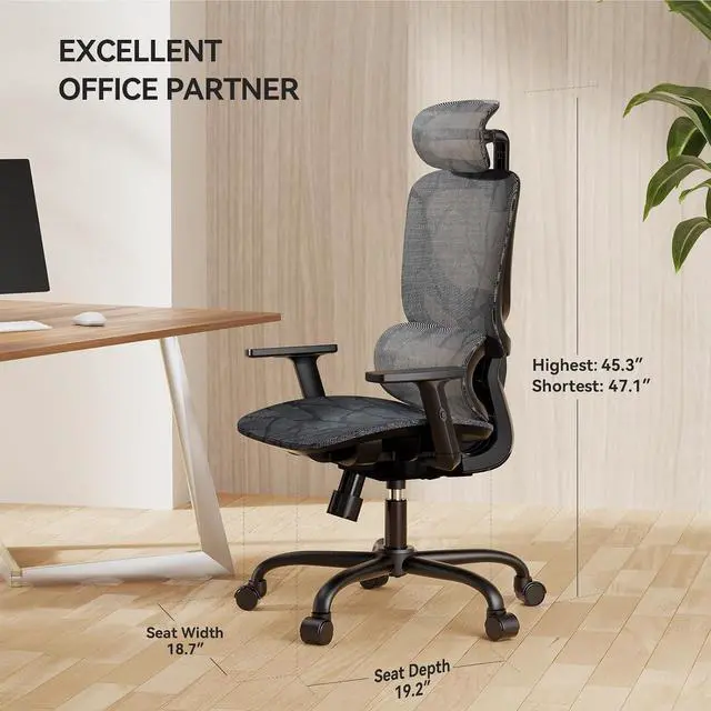 Alt view image 2 of 6 - Ergonomic Mesh Office Chair with Flexible Adjustment Lumbar Support, High Back Desk Computer Chair with 2D Wide Headrest, Armrests, 130° Rocking Tilt, Home Office Chair for Long Hours, Grey