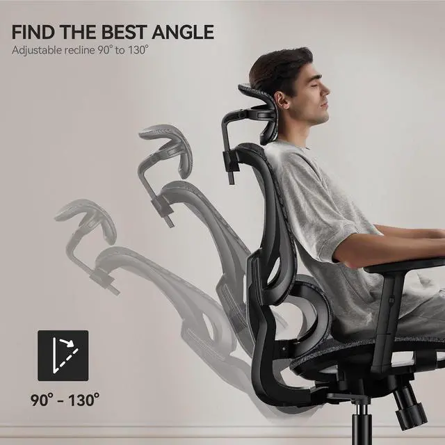 Alt view image 4 of 6 - Ergonomic Mesh Office Chair with Flexible Adjustment Lumbar Support, High Back Desk Computer Chair with 2D Wide Headrest, Armrests, 130° Rocking Tilt, Home Office Chair for Long Hours, Grey