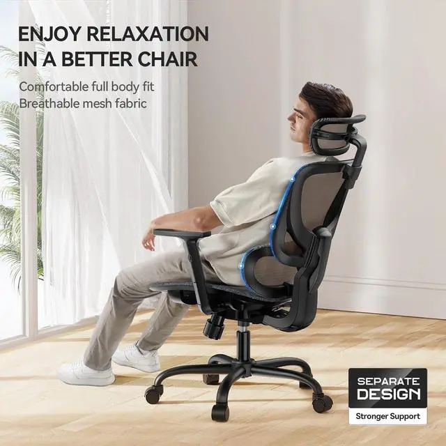 Alt view image 5 of 6 - Ergonomic Mesh Office Chair with Flexible Adjustment Lumbar Support, High Back Desk Computer Chair with 2D Wide Headrest, Armrests, 130° Rocking Tilt, Home Office Chair for Long Hours, Grey