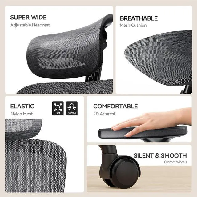 Alt view image 3 of 6 - Ergonomic Mesh Office Chair with Flexible Adjustment Lumbar Support, High Back Desk Computer Chair with 2D Wide Headrest, Armrests, 130° Rocking Tilt, Home Office Chair for Long Hours, Grey