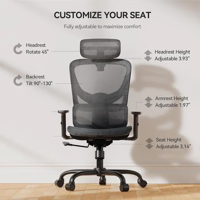 Alt view image 6 of 6 - Ergonomic Mesh Office Chair with Flexible Adjustment Lumbar Support, High Back Desk Computer Chair with 2D Wide Headrest, Armrests, 130° Rocking Tilt, Home Office Chair for Long Hours, Grey