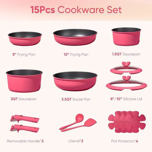 Alt view image 2 of 7 - 15pcs Pots and Pans Set Non Stick, Cookware Set Non Toxic with Detachable Handle, Induction Kitchen Cooking Set, Dishwasher/Oven Safe, RV/Camping Cookware