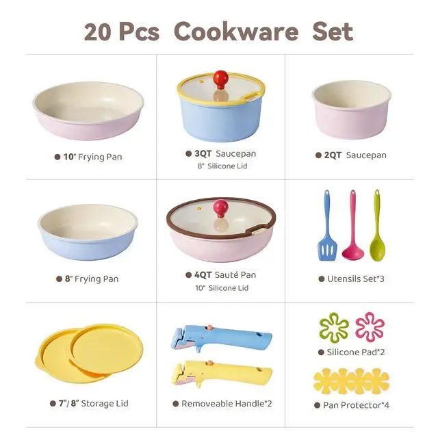 Alt view image 2 of 7 - 20pcs Ceramic Cookware Set Detachable Handle, Pots and Pans Set Nonstick, Induction Cookware with Removable Handle, RV Dishwasher Oven Safe, PFOA Free