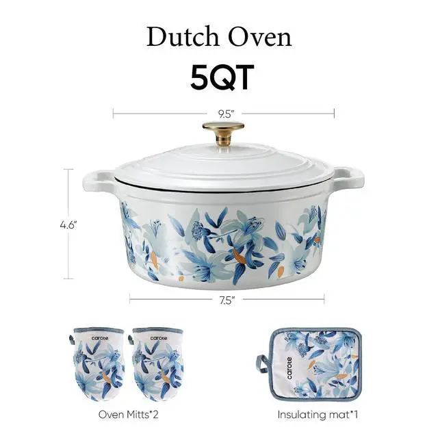 Alt view image 2 of 7 - 5 QT Cast Iron Dutch Oven Pot with Lid, Enameled Floral Dutch Ovens with Cotton Potholders & Oven Gloves, Gift Box, Cast Iron Pot for Sourdough Bread Baking, Braising, Stews, Roasting, Dual Handles, A