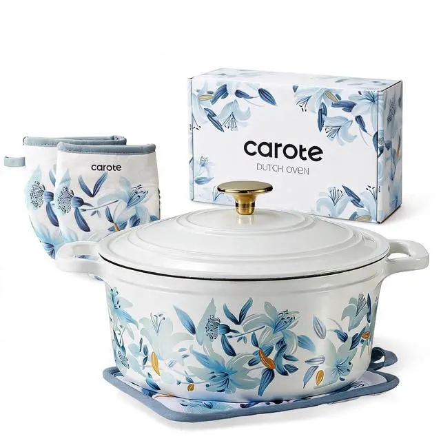 Main image of 5 QT Cast Iron Dutch Oven Pot with Lid, Enameled Floral Dutch Ovens with Cotton Potholders & Oven Gloves, Gift Box, Cast Iron Pot for Sourdough Bread Baking, Braising, Stews, Roasting, Dual Handles, A