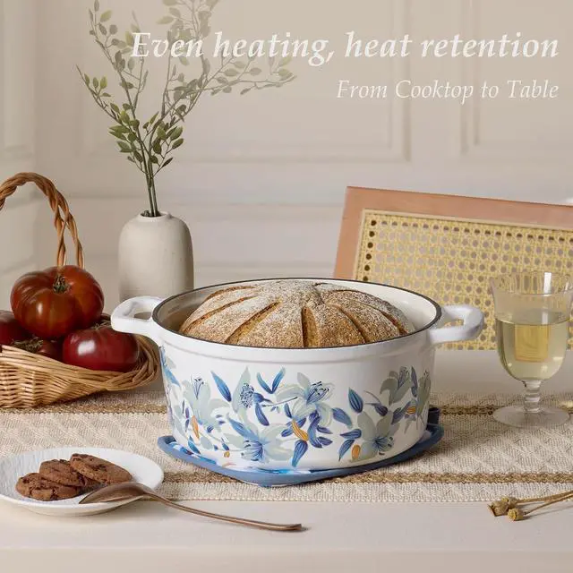 Alt view image 3 of 7 - 5 QT Cast Iron Dutch Oven Pot with Lid, Enameled Floral Dutch Ovens with Cotton Potholders & Oven Gloves, Gift Box, Cast Iron Pot for Sourdough Bread Baking, Braising, Stews, Roasting, Dual Handles, A