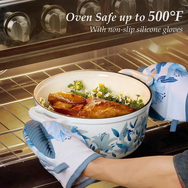 Alt view image 4 of 7 - 5 QT Cast Iron Dutch Oven Pot with Lid, Enameled Floral Dutch Ovens with Cotton Potholders & Oven Gloves, Gift Box, Cast Iron Pot for Sourdough Bread Baking, Braising, Stews, Roasting, Dual Handles, A