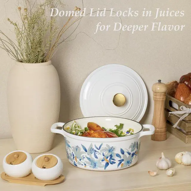 Alt view image 5 of 7 - 5 QT Cast Iron Dutch Oven Pot with Lid, Enameled Floral Dutch Ovens with Cotton Potholders & Oven Gloves, Gift Box, Cast Iron Pot for Sourdough Bread Baking, Braising, Stews, Roasting, Dual Handles, A