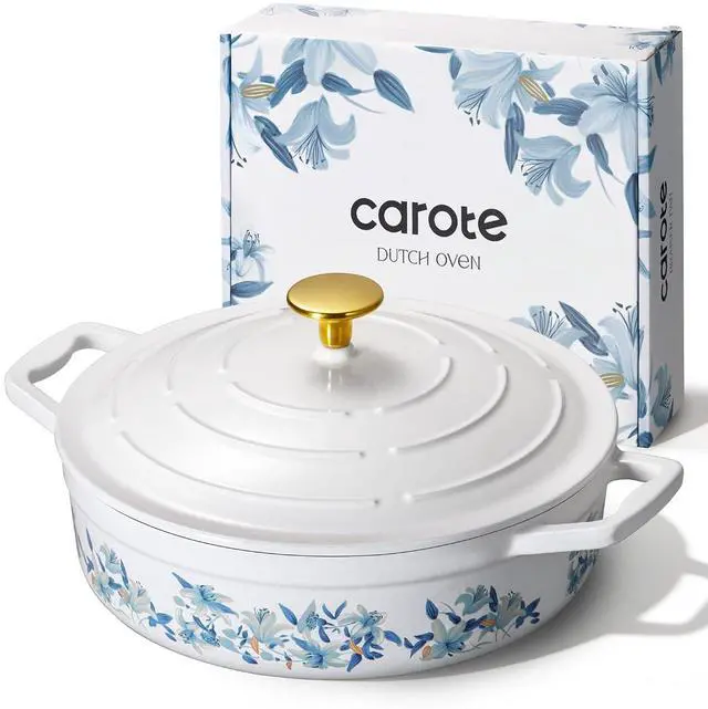 Main image of 3.5QT Enameled Cast Iron Braiser Pan, Shallow Floral Dutch Oven Casserole Skillets, Non-Toxic Cast Iron Pot with Lid for Baking, Dual Handles, All Stovetop Compatible, White & Blue