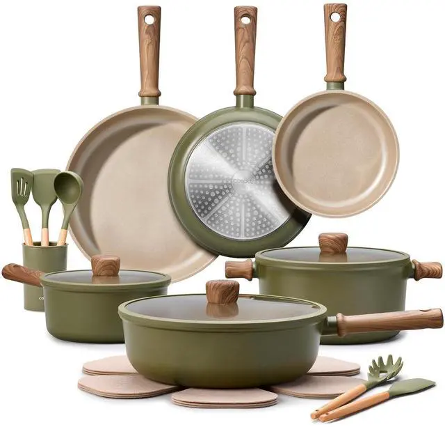 Main image of 21pcs Ceramic Cookware Set Nonstick Pots and Pans set, Induction Cookware Set Kitchen Cooking Sets, Pot and Pan Non Stick w/Frying pan (PFOS, PFOA Free), Green