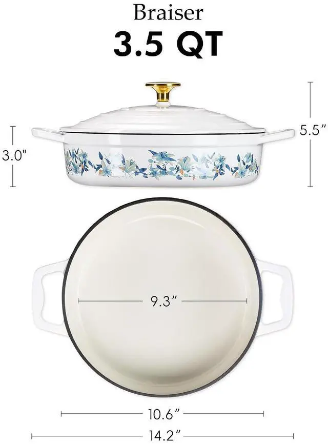 Alt view image 2 of 7 - 3.5QT Enameled Cast Iron Braiser Pan, Shallow Floral Dutch Oven Casserole Skillets, Non-Toxic Cast Iron Pot with Lid for Baking, Dual Handles, All Stovetop Compatible, White & Blue
