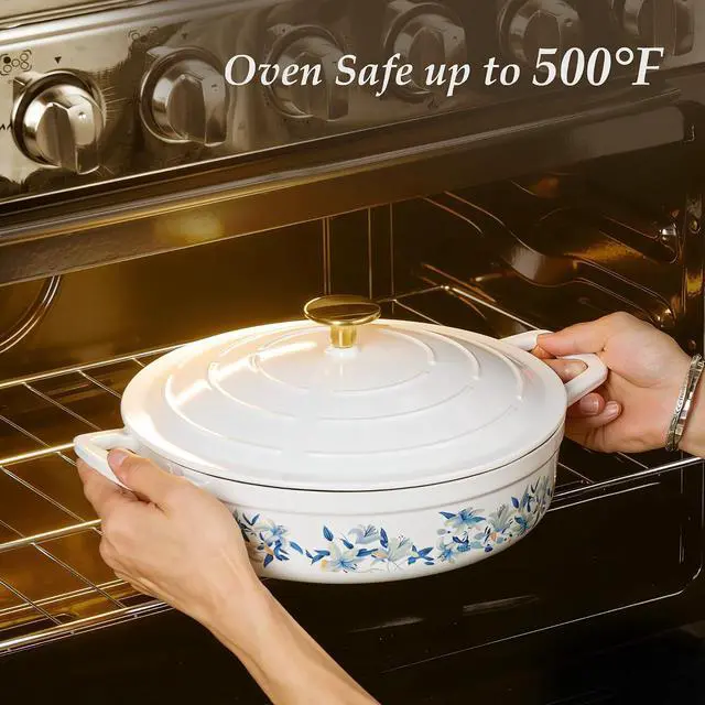 Alt view image 4 of 7 - 3.5QT Enameled Cast Iron Braiser Pan, Shallow Floral Dutch Oven Casserole Skillets, Non-Toxic Cast Iron Pot with Lid for Baking, Dual Handles, All Stovetop Compatible, White & Blue