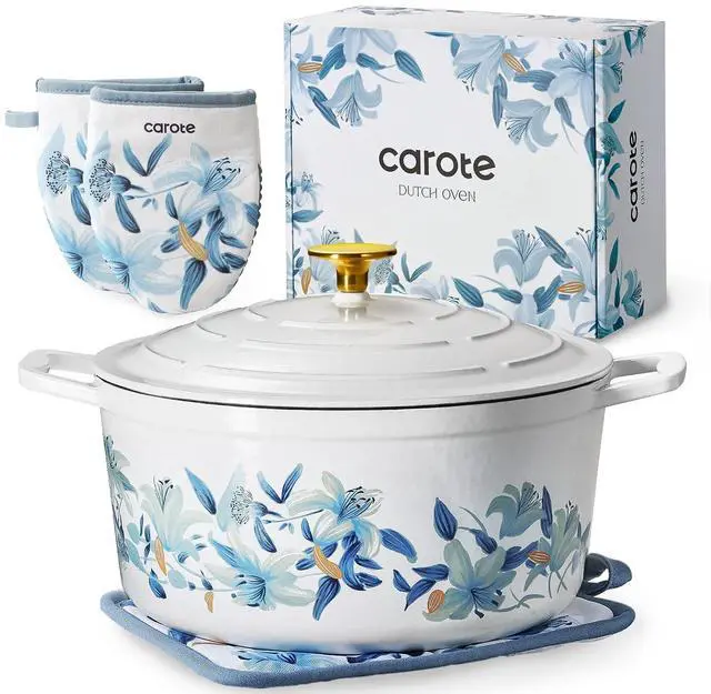 Main image of 7 QT Enameled Floral Cast Iron Dutch Oven Pot with Lid, Cotton Potholders & Oven Gloves, Cast Iron Pot for Sourdough Bread Baking, All Stovetop Compatible, Oven Safe up to 500° F, White & Blue