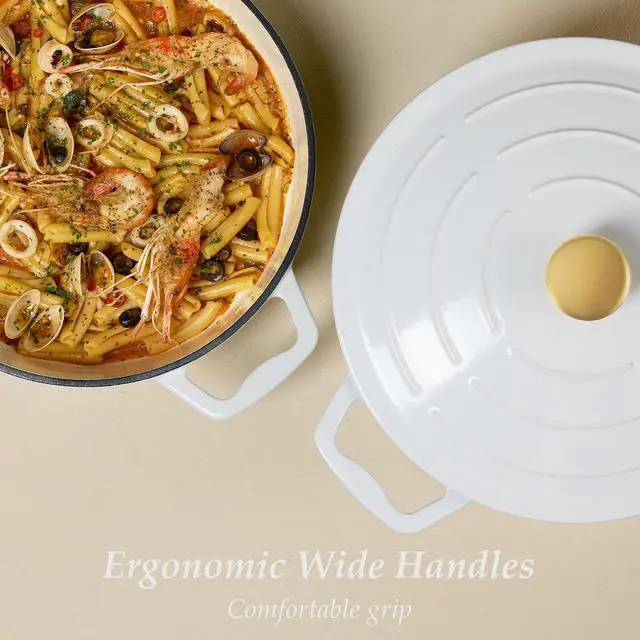 Alt view image 6 of 7 - 3.5QT Enameled Cast Iron Braiser Pan, Shallow Floral Dutch Oven Casserole Skillets, Non-Toxic Cast Iron Pot with Lid for Baking, Dual Handles, All Stovetop Compatible, White & Blue