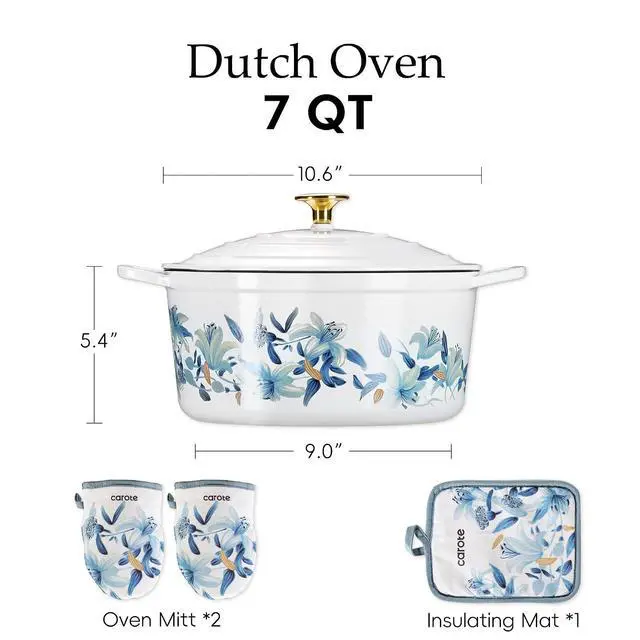 Alt view image 2 of 7 - 7 QT Enameled Floral Cast Iron Dutch Oven Pot with Lid, Cotton Potholders & Oven Gloves, Cast Iron Pot for Sourdough Bread Baking, All Stovetop Compatible, Oven Safe up to 500° F, White & Blue