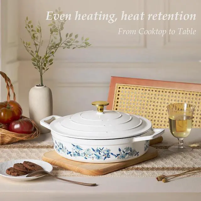 Alt view image 7 of 7 - 3.5QT Enameled Cast Iron Braiser Pan, Shallow Floral Dutch Oven Casserole Skillets, Non-Toxic Cast Iron Pot with Lid for Baking, Dual Handles, All Stovetop Compatible, White & Blue