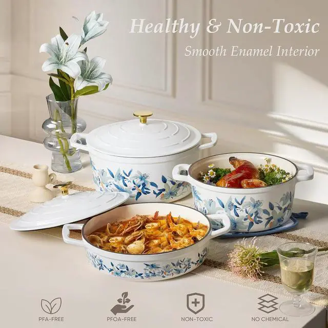 Alt view image 7 of 7 - 5 QT Cast Iron Dutch Oven Pot with Lid, Enameled Floral Dutch Ovens with Cotton Potholders & Oven Gloves, Gift Box, Cast Iron Pot for Sourdough Bread Baking, Braising, Stews, Roasting, Dual Handles, A