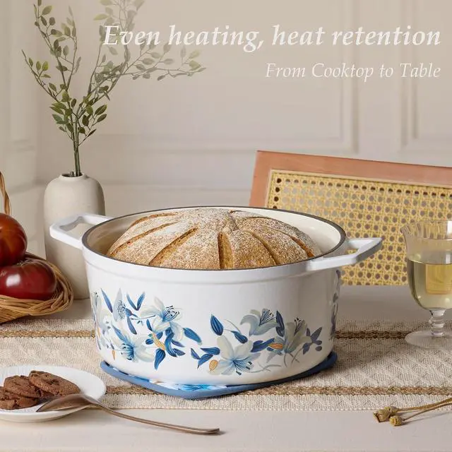 Alt view image 3 of 7 - 7 QT Enameled Floral Cast Iron Dutch Oven Pot with Lid, Cotton Potholders & Oven Gloves, Cast Iron Pot for Sourdough Bread Baking, All Stovetop Compatible, Oven Safe up to 500° F, White & Blue