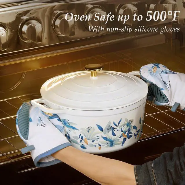 Alt view image 4 of 7 - 7 QT Enameled Floral Cast Iron Dutch Oven Pot with Lid, Cotton Potholders & Oven Gloves, Cast Iron Pot for Sourdough Bread Baking, All Stovetop Compatible, Oven Safe up to 500° F, White & Blue