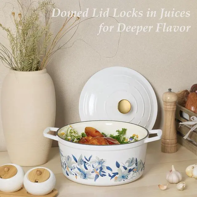 Alt view image 5 of 7 - 7 QT Enameled Floral Cast Iron Dutch Oven Pot with Lid, Cotton Potholders & Oven Gloves, Cast Iron Pot for Sourdough Bread Baking, All Stovetop Compatible, Oven Safe up to 500° F, White & Blue