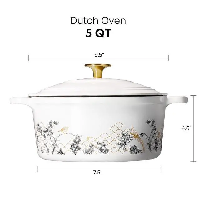 Alt view image 2 of 7 - Cast Iron Dutch Oven Pot with Lid, 5QT Enameled Floral Dutch Ovens with Gift Box, Cast Iron Pot for Sourdough Bread Baking, Braising, Stews, Roasting, All Stovetop Compatible, Oven Safe, White