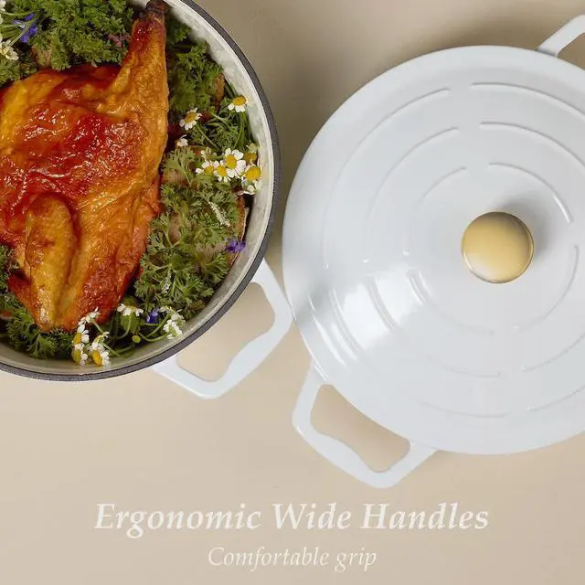 Alt view image 7 of 7 - 7 QT Enameled Floral Cast Iron Dutch Oven Pot with Lid, Cotton Potholders & Oven Gloves, Cast Iron Pot for Sourdough Bread Baking, All Stovetop Compatible, Oven Safe up to 500° F, White & Blue