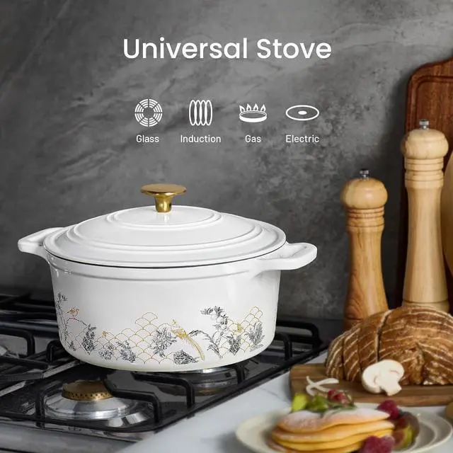Alt view image 3 of 7 - Cast Iron Dutch Oven Pot with Lid, 5QT Enameled Floral Dutch Ovens with Gift Box, Cast Iron Pot for Sourdough Bread Baking, Braising, Stews, Roasting, All Stovetop Compatible, Oven Safe, White