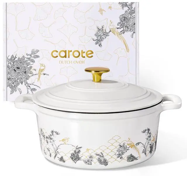Main image of Cast Iron Dutch Oven Pot with Lid, 5QT Enameled Floral Dutch Ovens with Gift Box, Cast Iron Pot for Sourdough Bread Baking, Braising, Stews, Roasting, All Stovetop Compatible, Oven Safe, White