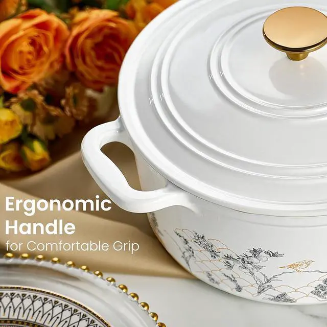 Alt view image 5 of 7 - Cast Iron Dutch Oven Pot with Lid, 5QT Enameled Floral Dutch Ovens with Gift Box, Cast Iron Pot for Sourdough Bread Baking, Braising, Stews, Roasting, All Stovetop Compatible, Oven Safe, White