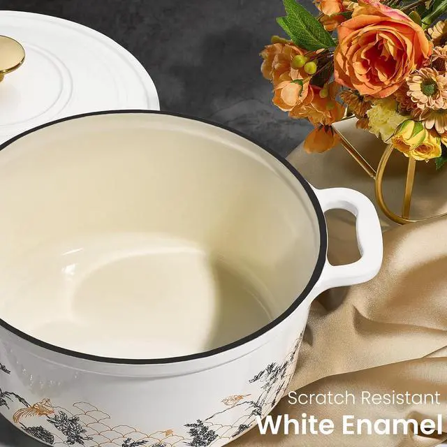 Alt view image 4 of 7 - Cast Iron Dutch Oven Pot with Lid, 5QT Enameled Floral Dutch Ovens with Gift Box, Cast Iron Pot for Sourdough Bread Baking, Braising, Stews, Roasting, All Stovetop Compatible, Oven Safe, White