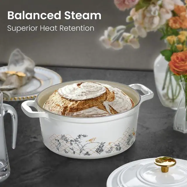 Alt view image 6 of 7 - Cast Iron Dutch Oven Pot with Lid, 5QT Enameled Floral Dutch Ovens with Gift Box, Cast Iron Pot for Sourdough Bread Baking, Braising, Stews, Roasting, All Stovetop Compatible, Oven Safe, White