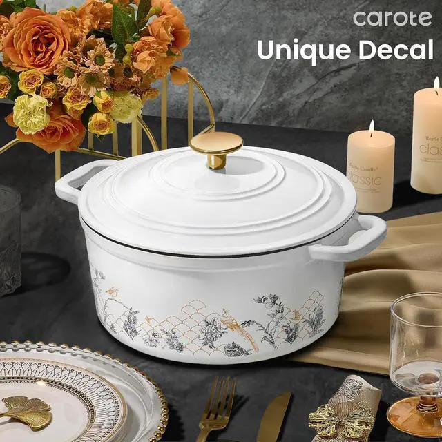 Alt view image 7 of 7 - Cast Iron Dutch Oven Pot with Lid, 5QT Enameled Floral Dutch Ovens with Gift Box, Cast Iron Pot for Sourdough Bread Baking, Braising, Stews, Roasting, All Stovetop Compatible, Oven Safe, White