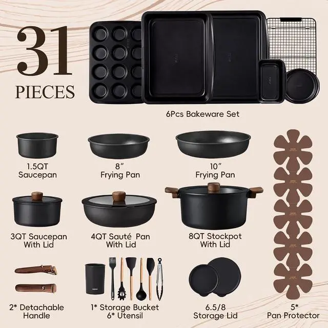 Alt view image 2 of 7 - 31pcs Nonstick Pots and Pans Set with Baking Pans Set, Cookware Sets with Detachable Handle, Kitchen Cooking Set - Camping Cookware, Dishwasher & Oven Safe, Induction Compatible