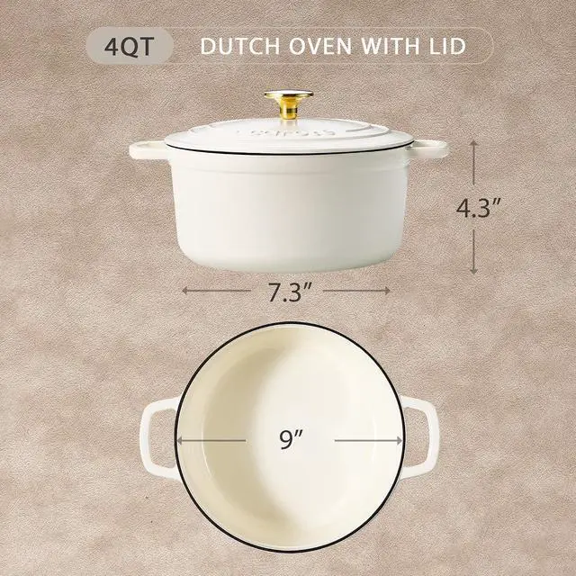 Alt view image 2 of 7 - Enameled Cast Iron Dutch Oven Pot with Lid, 4 QT Dutch Ovens, Heavy-Duty Cast Iron Pot for Sourdough Bread Baking, Braising, Stews, Roasting, Healthy & Non-Toxic, Dual Handles, All Stovetop Compatible