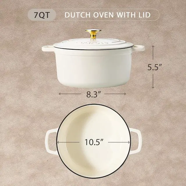Alt view image 2 of 7 - 7QT Enameled Cast Iron Dutch Oven Pot with Lid, Heavy-Duty Dutch Ovens for Sourdough Bread Baking, Braising, Stews, Roasting, Healthy & Non-Toxic, Dual Handles, All Stovetop Compatible, Oven Safe up t