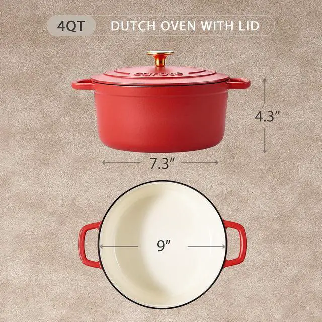 Alt view image 2 of 7 - Enameled Cast Iron Dutch Oven Pot with Lid, 4 QT Dutch Ovens, Heavy-Duty Cast Iron Pot for Sourdough Bread Baking, Braising, Stews, Roasting, Healthy & Non-Toxic, Dual Handles, All Stovetop Compatible