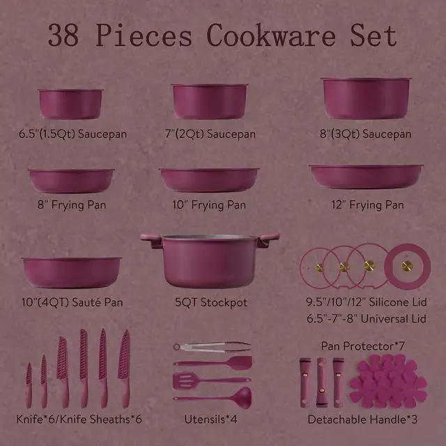 Alt view image 2 of 7 - 38-Piece Nonstick Pots and Pans Set with Knife Set, Cookware Sets with Detachable Handle, Kitchen Cooking Set - Camping Cookware, Dishwasher & Oven Safe, Induction Compatible