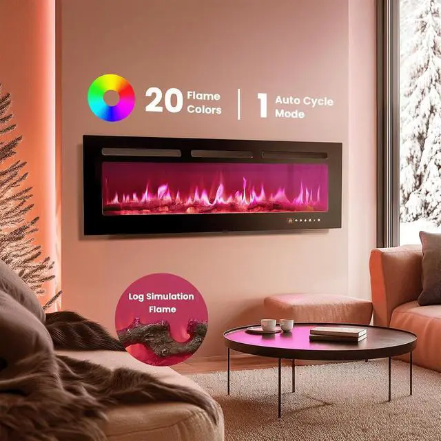 Alt view image 2 of 6 - 50 inch Wall Mounted Electric Fireplace Indoor Recessed Fireplace Heater with Touch Screen, Timer, Adjustable Flame Color and Speed