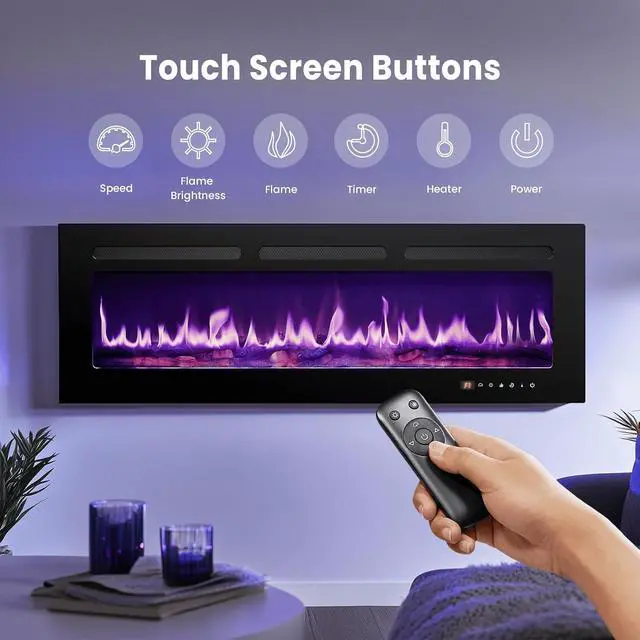 Alt view image 5 of 6 - 50 inch Wall Mounted Electric Fireplace Indoor Recessed Fireplace Heater with Touch Screen, Timer, Adjustable Flame Color and Speed