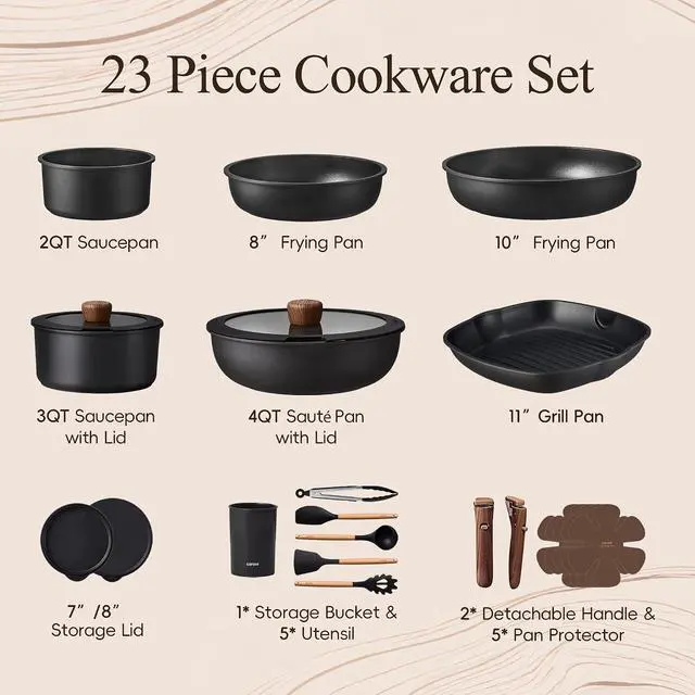 Alt view image 2 of 7 - 23pcs Pots and Pans Set Non Stick with Detachable Handle, Nonstick Cookware Sets, Kitchen Cooking Set - Camping Cookware, Oven/Dishwasher Safe, Induction Compatible