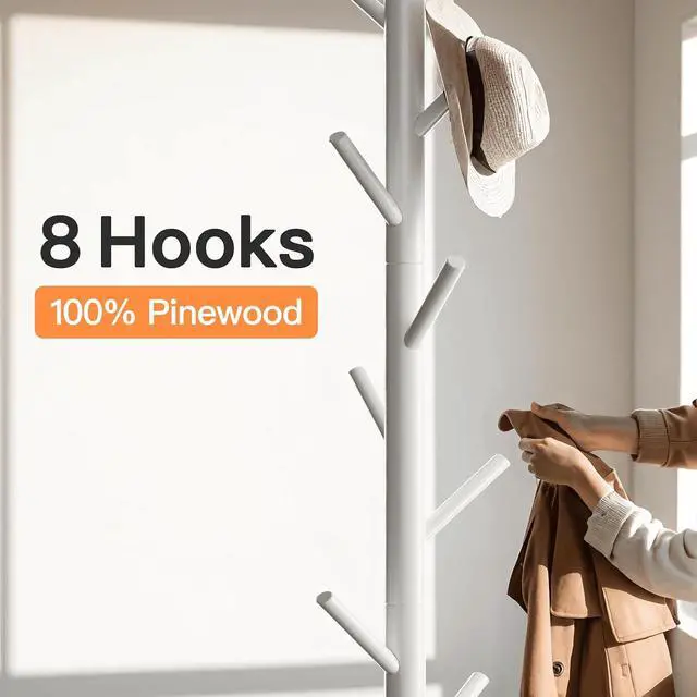 Alt view image 2 of 7 - Coat Rack Stand with 3 Height Options and 8 Hooks Wooden Freestanding Coat Rack for Home, Office, Entryway, Hallway